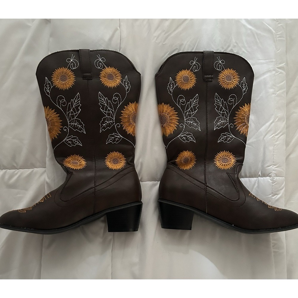 Women's Western Cowboy Boots Brown With Embroidered Sunflowers Size EU 37 US 6.5
